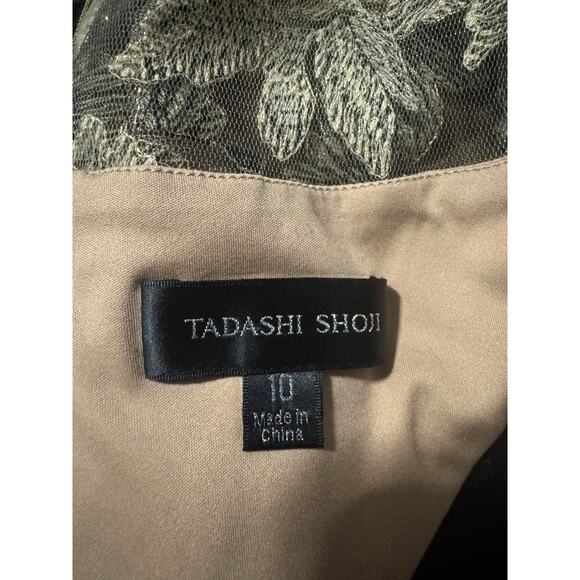 Tadashi Shoji Amel Evening Gown Black & Gold Embroidered Mesh Illusion Size 10 - Picture 6 of 8